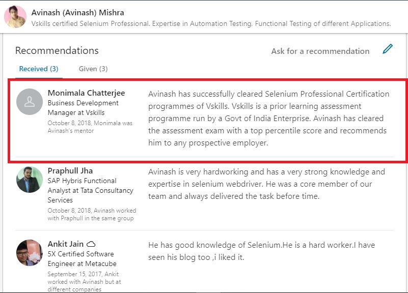 Avinash Recommendation on LinkedIn