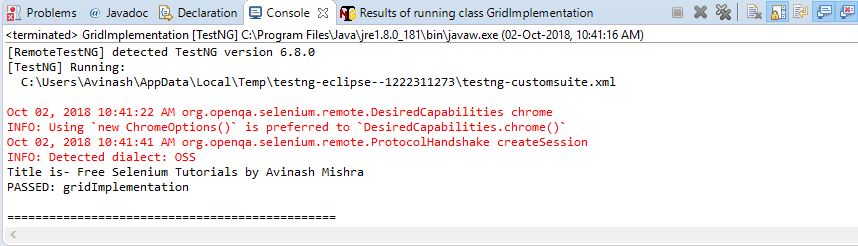 Grid Exeuction Console result Selenium Grid