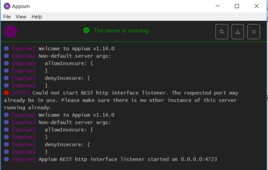 Start Appium Server Desktop client