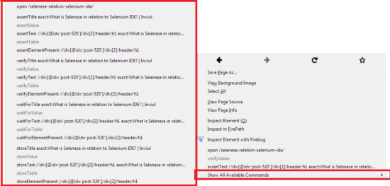 Available commands in Selenium IDE