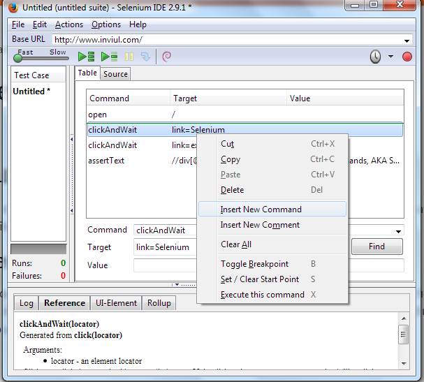 Insert new command & comment in Selenium IDE