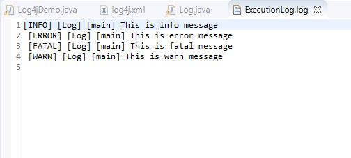 Execution log for log4j logging