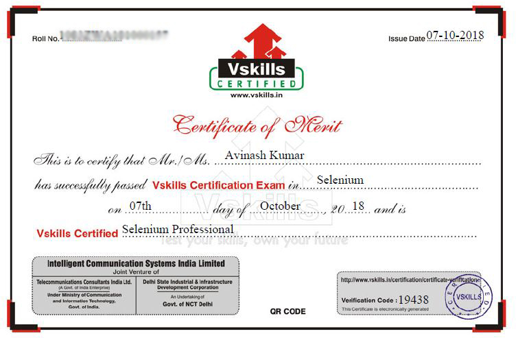 Avinash Mishra Vskills Selenium Professional Certifications