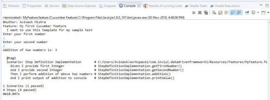 Console output of Cucumber script step definition