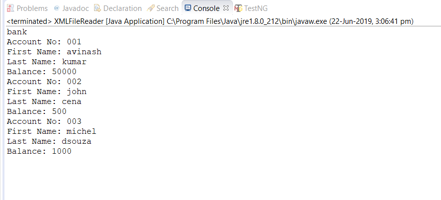 XML File Console output