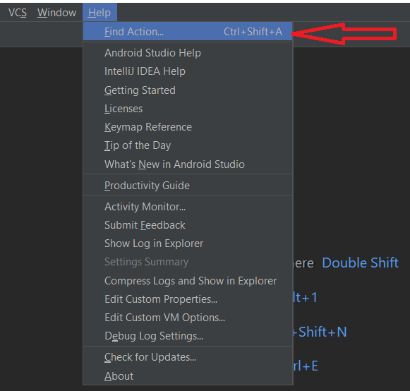 Find Actions in Android Studio